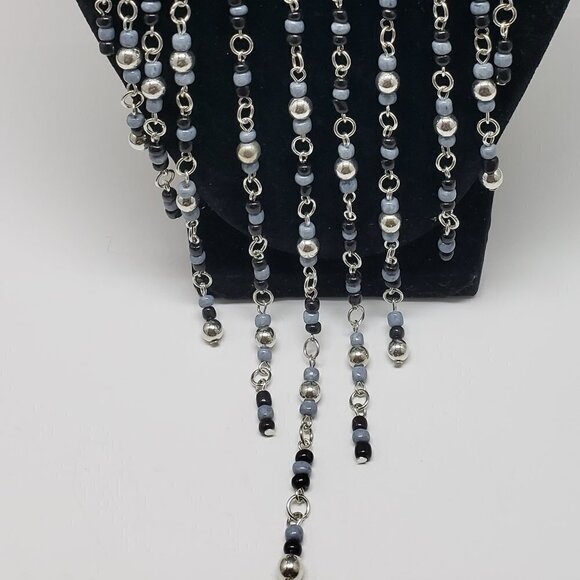 Women's Stylish Layered Silver-tone Black & Gray Beads Fringed Cascade Necklace - Picture 6 of 10